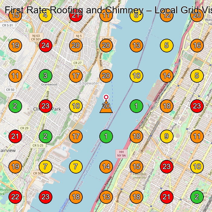 First Rate Roofing and Chimney Roofing Contractor GeoGrid ranking map for Edgewater NJ
